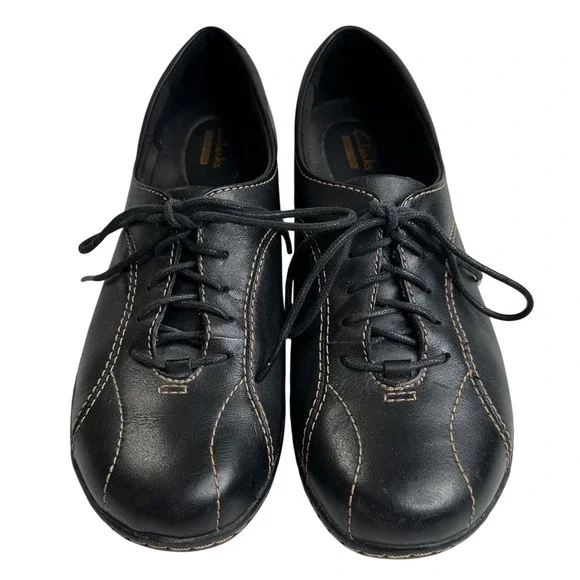 Clarks Collection Black Leather Lace Up Comfort Shoes Women's 9M boho casual - Picture 2 of 8